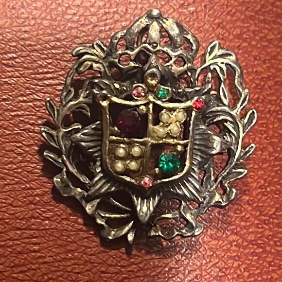 Antique Edwardian Coat of Arms Shield Crest Pink Garnet Emerald Pearls Brooch - Picture 11 of 12